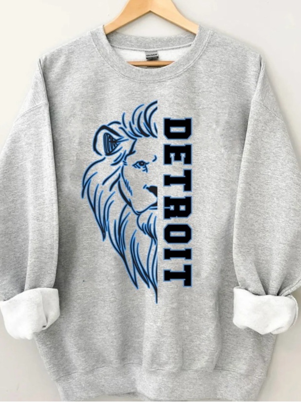 Retro Detroit Lion Graphic Crewneck Sweatshirt - Gray